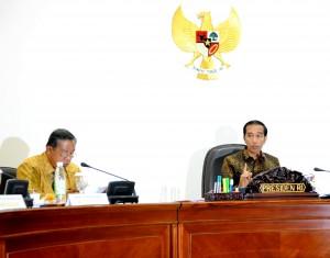 Presiden Jokowi didampingi Menko Perekonomian Darmin Nasution saat memberikan arahan pada rapat terbatas, di kantor Kepresidenan, Jakarta, Selasa (29/9)