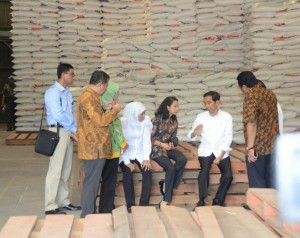 Presiden Jokowi memberikan arahan kepada sejumlah menteri saat meninjau gudang beras Perum Bulog, di Jakarta, Rabu (25/2)