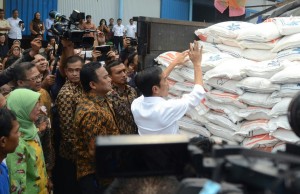 Dirut Perum Bulog Lenny Sugihat (berkerudung) mendampingi Presiden Jokowi meninjau penyaluran raskin dan operasi pasar beras 2015, di Jakarta, Rabu (25/2)
