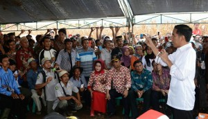 Presiden Jokowi berdialog dengan petani saat Panen Raya Jagung, di Dompu, NTB, Sabtu (11/4)