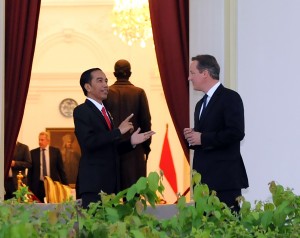 Presiden Jokowi berbincang dengan PM Inggris David Cameron, di teras belakang Istana Merdeka, Jakarta, Senin (27/7)