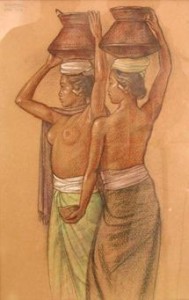 Foto 5: Dua Orang Gadis Menyunggi Djun, Rudolf Bonnet (1954) Crayon on paper, 55,5 X 35 cm                                                                                                                           