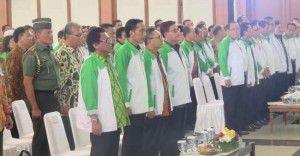 Presiden Jokowi saat menghadiri pembukaan Munas HKTI, di Asrama Haji Pondok Gede, Jakarta, Jumat (31/7)