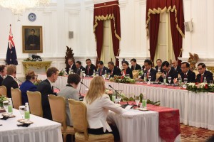 Presiden Joko Widodo (Jokowi) menerima kunjungan PM Selandia Baru John Key dan Istrinya Bronagh Key di Istana Merdeka, Jakarta Senin (18/7) sore.