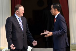 Presiden Joko Widodo (Jokowi) menerima kunjungan PM Selandia Baru John Key dan Istrinya Bronagh Key di Istana Merdeka, Jakarta Senin (18/7) sore.
