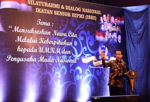Presiden Jokowi membuka silaturahmi dan dialog nasional Ikatan Senior HIPMI di Hotel Rafless, Ciputra World, Jakarta, Jumat 29 Agustus 2016, petang.