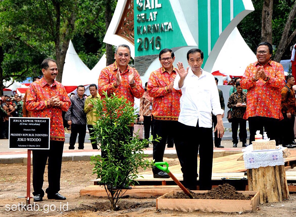 Presiden Jokowi dan para menteri menyapa warga yang hadir di lokasi Sail Selat Karimata 2016, Sabtu (15/10). (Foto: Humas/Rahmat)