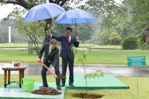 Presiden Jokowi memayungi presiden Moon Jae-In saat menanam pohon di Istana Kepresidenan Bogor, Jawa Barat, Kamis (9/11). (Foto: Humas/Oji)