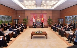 Presiden Jokowi bertemu Ketua Parlemen Vietnam bersama delegasi kedua negara di Hanoi, Rabu (12/9). (Foto: BPMI)