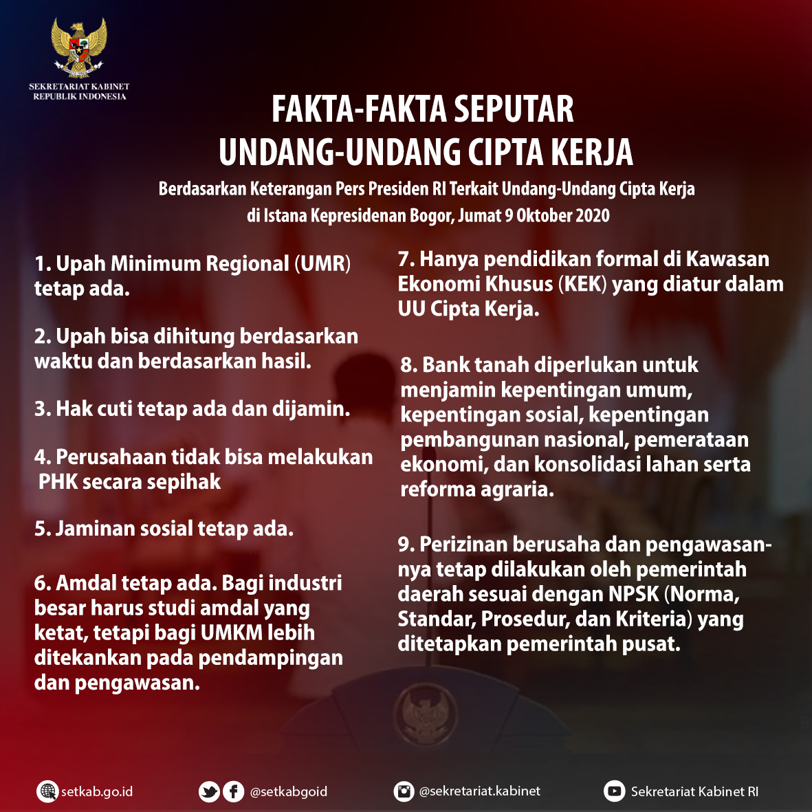 Pernyataan Presiden Joko Widodo terkait UU Cipta Kerja di Istana Kepresidenan Bogor, Jumat (9/10)