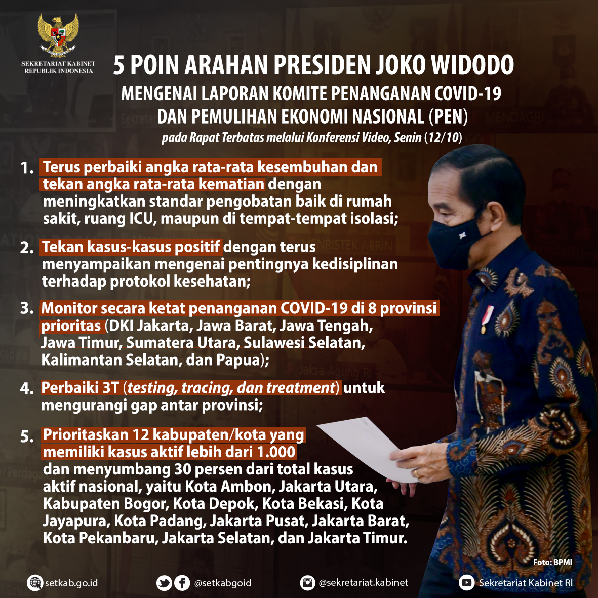 Arahan Presiden Joko Widodo pada Rapat Terbatas mengenai Laporan Komite Penanganan Covid-19 dan Pemulihan Ekonomi Nasional, Senin (12/10)
