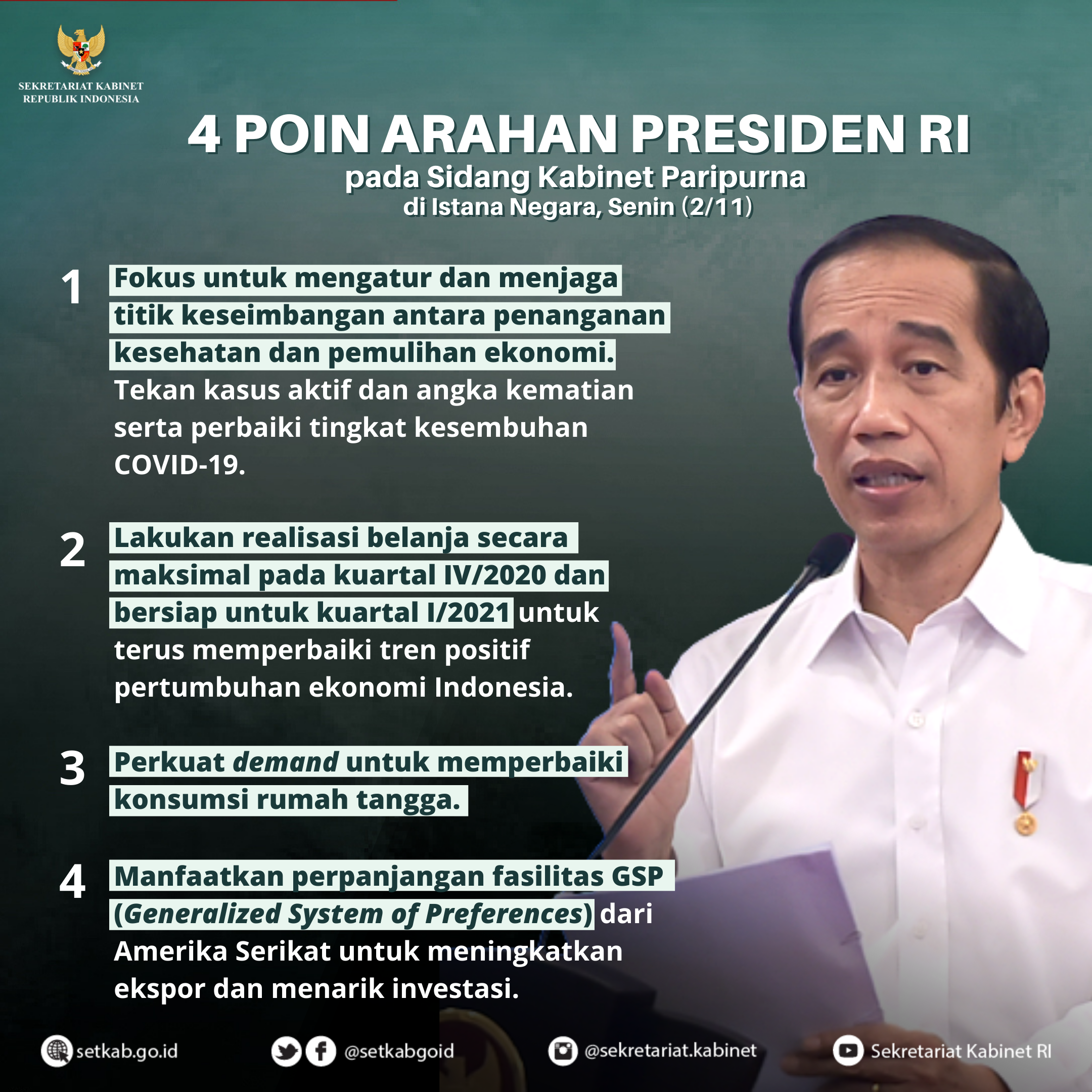 Arahan Presiden Joko Widodo pada Sidang Kabinet Paripurna, Senin (2/11)