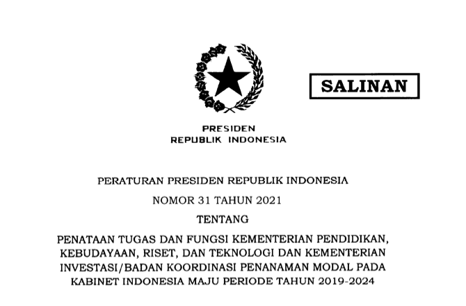 Kementerian negara indonesia diatur dalam peraturan perundang-undangan yaitu