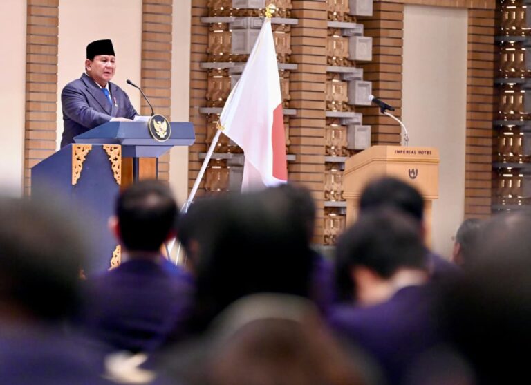 Presiden Prabowo menyampaikan pidato kunci pada Forum Bisnis Indonesia-Jepang yang digelar di Imperial Hotel Tokyo, Jepang, pada Senin, 30 Maret 2026.