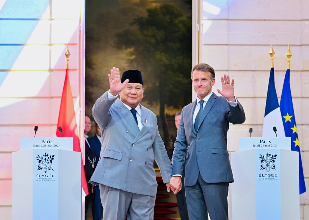 Presiden Prabowo bertemu dengan Presiden Republik Prancis Emmanuel Macron dalam rangkaian kunjungan kenegaraan di Istana Élysée, Kamis, 28 Mei 2026.