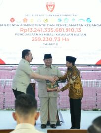 Presiden Prabowo Subianto menyaksikan penyerahan denda administratif dan penyelamatan keuangan negara di Kompleks Kejaksaan Agung Republik Indonesia, Jakarta, pada Selasa, 6 Oktober 2026.